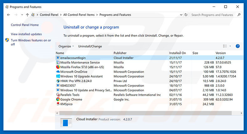 search.searchisemail.com browser hijacker uninstall via Control Panel