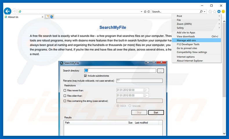 Removing SearchMyFile ads from Internet Explorer step 1