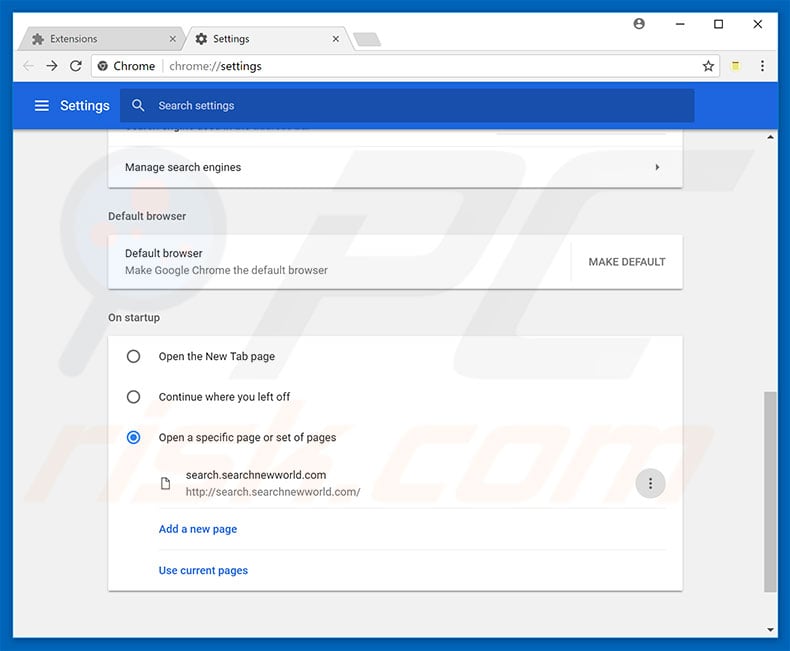 Removing searchnewworld.com from Google Chrome homepage