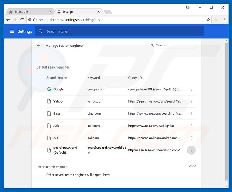 Removing searchnewworld.com from Google Chrome default search engine