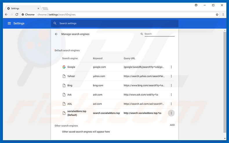 Removing search.socialaddons.top from Google Chrome default search engine
