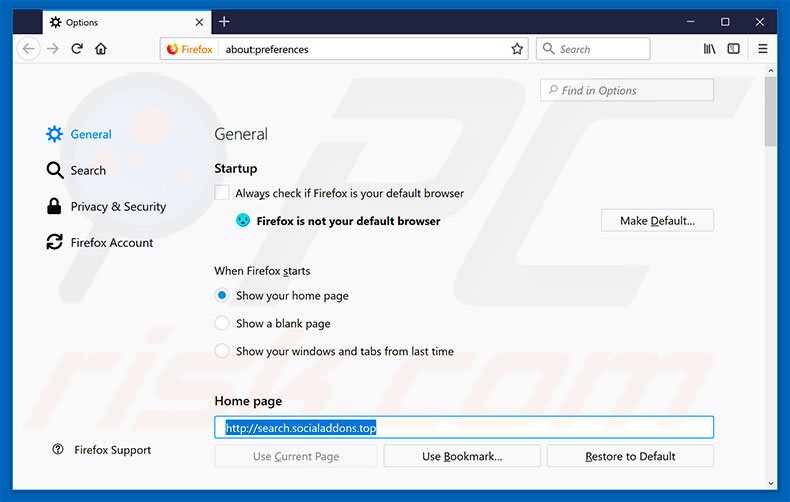 Removing search.socialaddons.top from Mozilla Firefox homepage