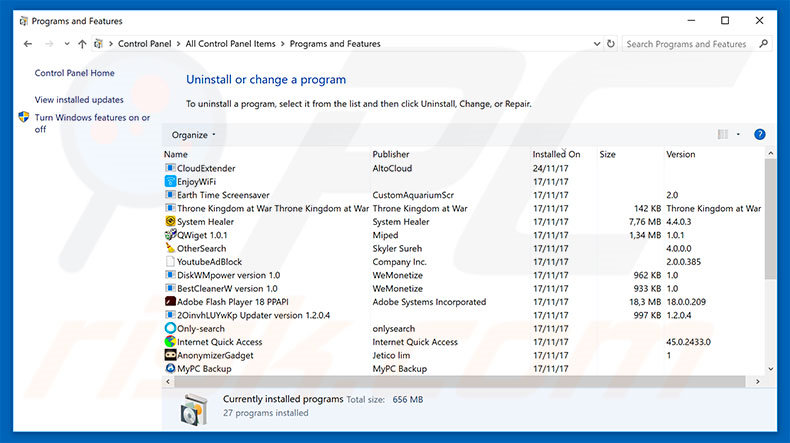 Oops!! Something Went Wrong With Yours Windows adware uninstall via Control Panel