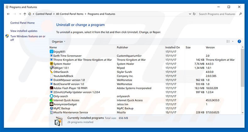 search.xyz browser hijacker uninstall via Control Panel