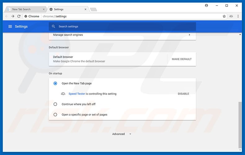 Removing search.yourspeedtester.com from Google Chrome homepage