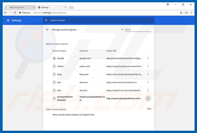 Removing search.yourspeedtester.com from Google Chrome default search engine