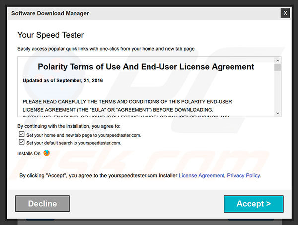 Official Your Speed Tester browser hijacker installation setup