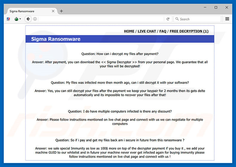 SIGMA Ransomware frequently asked questions FAQ