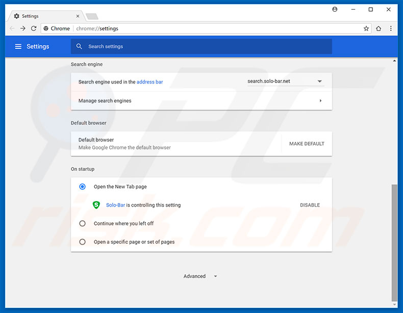 Removing solo-bar.net from Google Chrome homepage