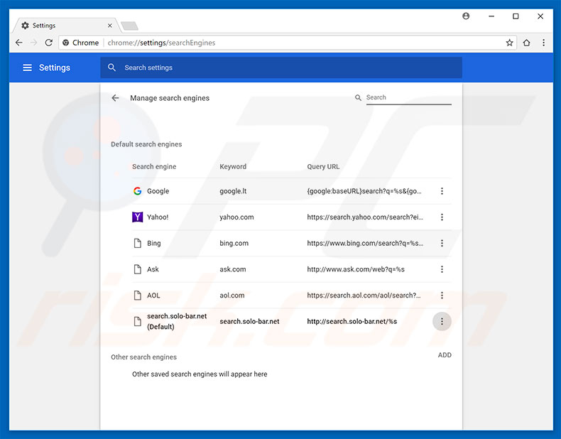 Removing solo-bar.net from Google Chrome default search engine