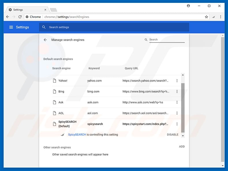 Removing spicystart.com from Google Chrome default search engine
