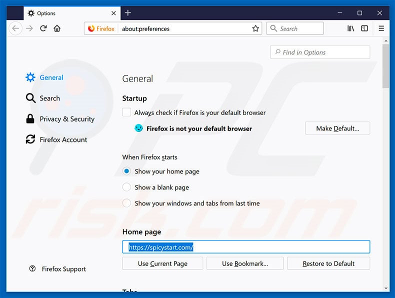 Removing spicystart.com from Mozilla Firefox homepage
