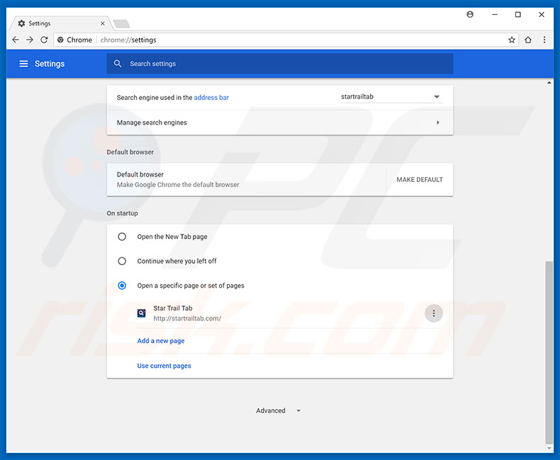 Removing startrailtab.com from Google Chrome homepage