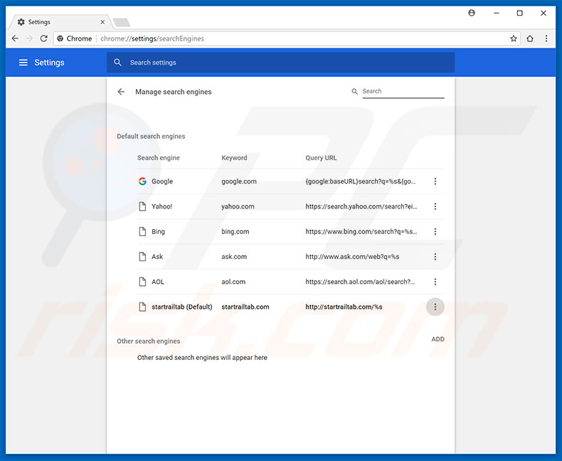 Removing startrailtab.com from Google Chrome default search engine