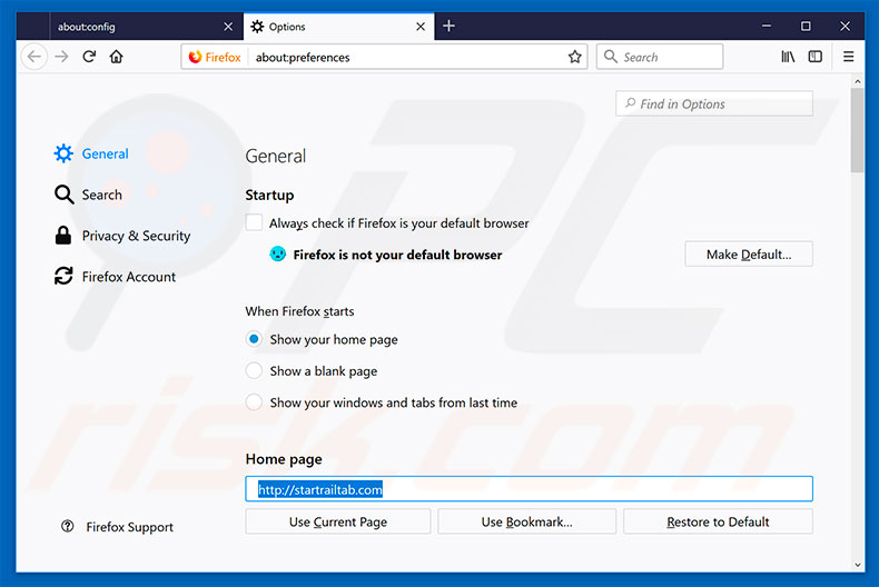 Removing startrailtab.com from Mozilla Firefox homepage