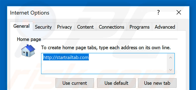 Removing startrailtab.com from Internet Explorer homepage