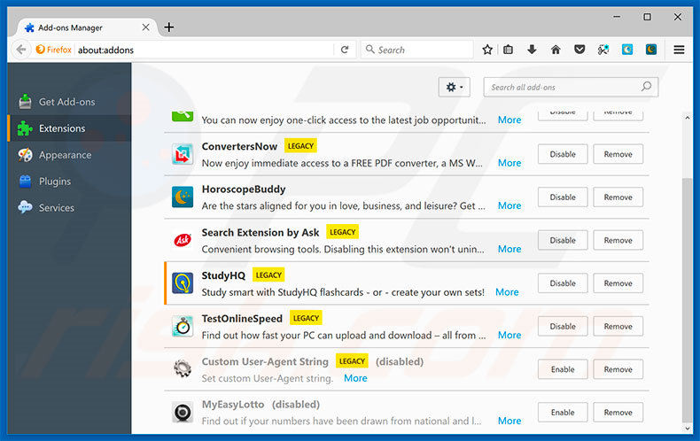 Removing hp.myway.com related Mozilla Firefox extensions