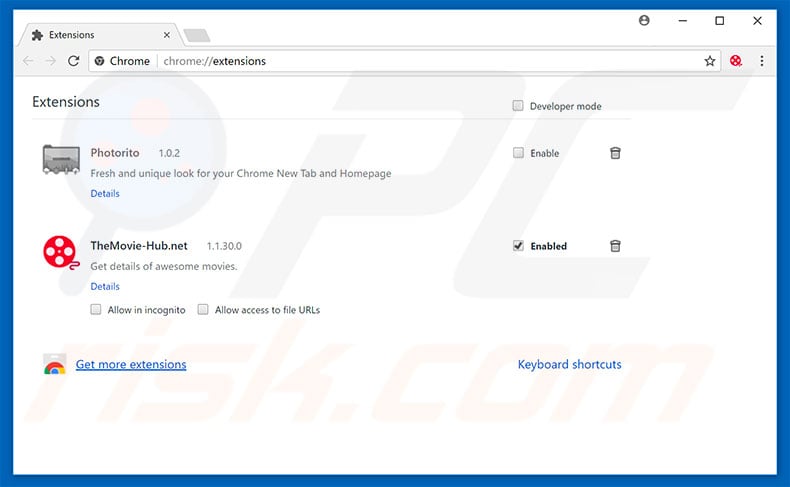 Removing themovie-hub.net related Google Chrome extensions