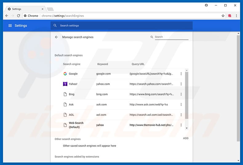 Removing themovie-hub.net from Google Chrome default search engine