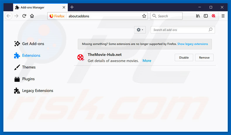 Removing themovie-hub.net related Mozilla Firefox extensions