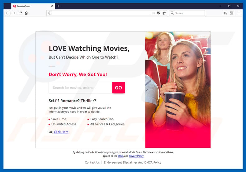 Website used to promote Movie Quest browser hijacker