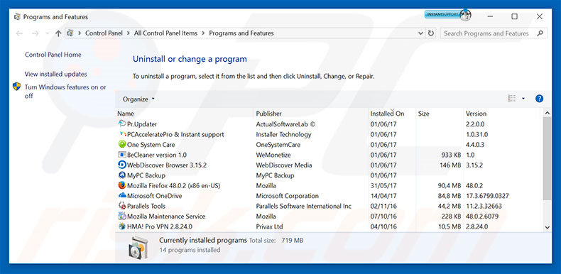 Threats Detected adware uninstall via Control Panel