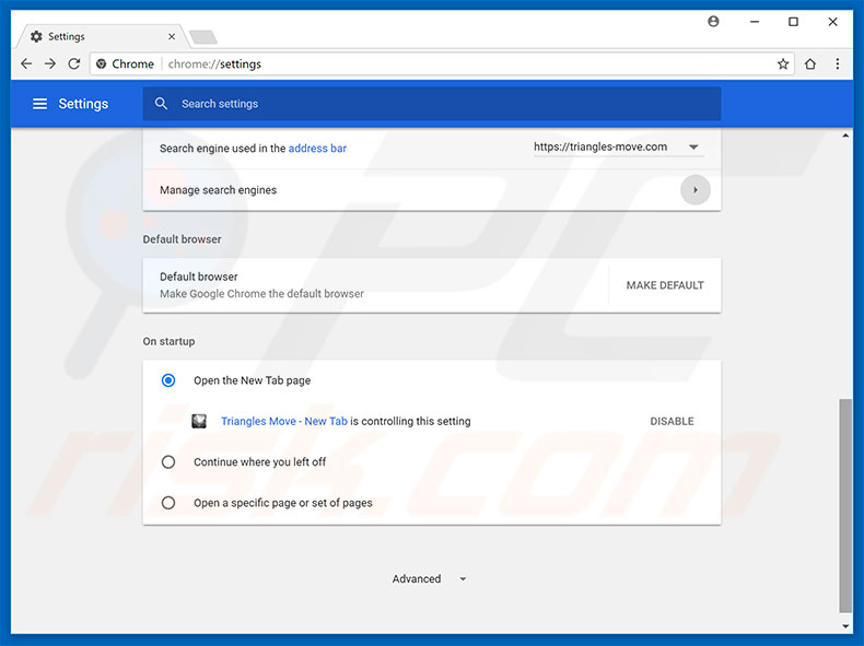 Removing triangles-move.com from Google Chrome homepage