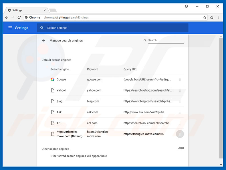 Removing triangles-move.com from Google Chrome default search engine