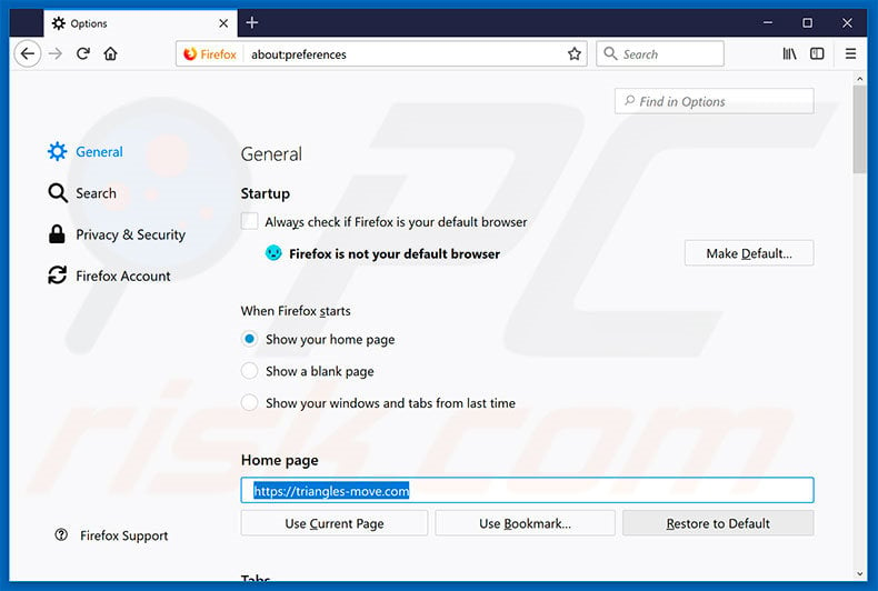 Removing triangles-move.com from Mozilla Firefox homepage