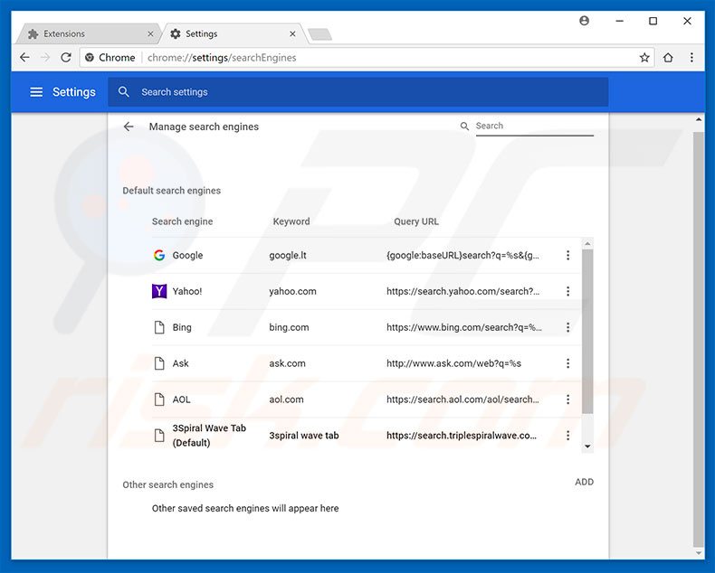 Removing search.triplespiralwave.com from Google Chrome default search engine