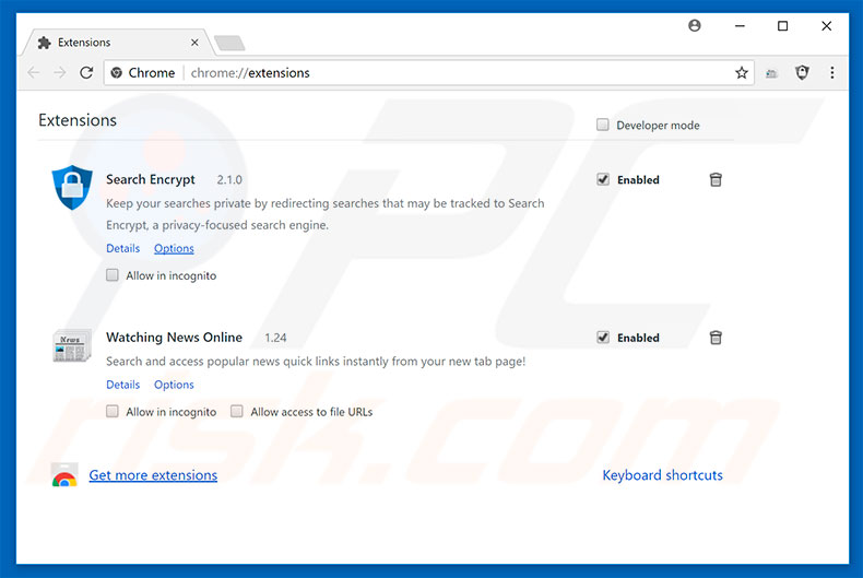 Removing search.hwatchingnewsonline.com related Google Chrome extensions