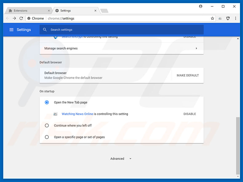 Removing search.hwatchingnewsonline.com from Google Chrome homepage