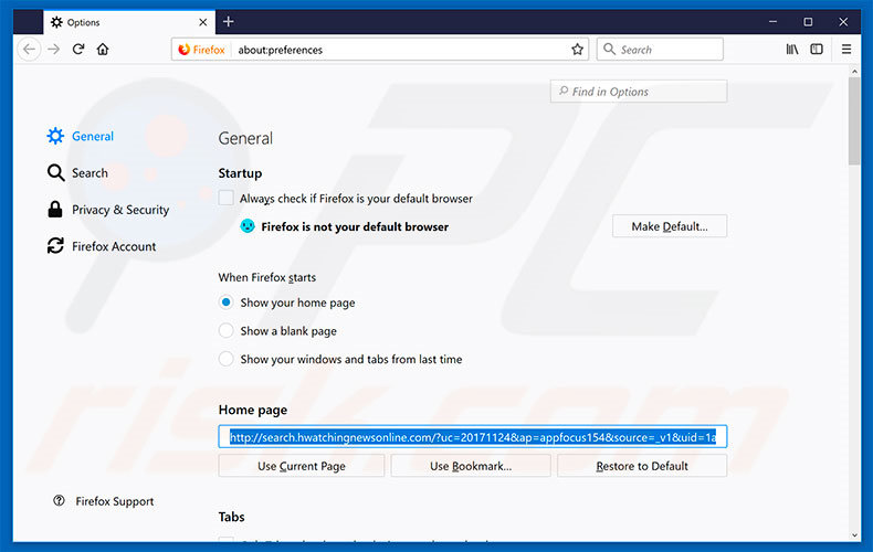 Removing search.hwatchingnewsonline.com from Mozilla Firefox homepage