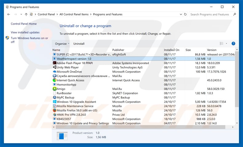 weatherinspect adware uninstal via Control Panel