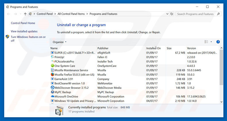 Windows Product Key Failure adware uninstall via Control Panel
