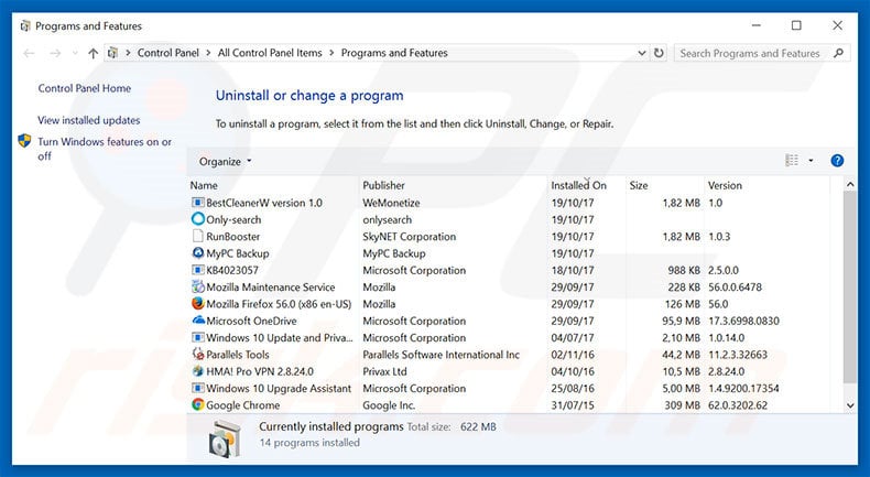 Your Computer Has Been Locked To Prevent Damage adware uninstall via Control Panel