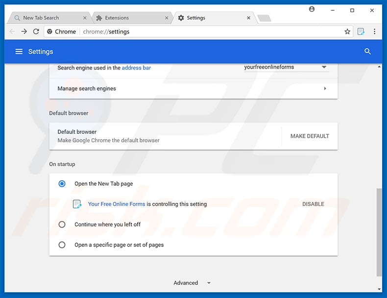 Removing search.yourfreeonlineforms.com from Google Chrome homepage