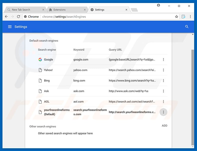 Removing search.yourfreeonlineforms.com from Google Chrome default search engine