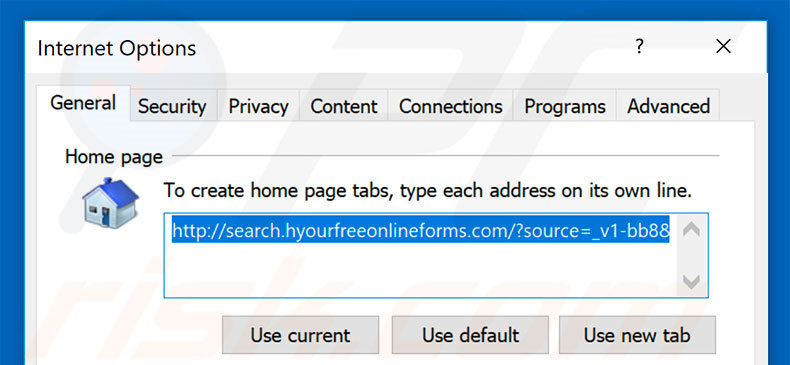Removing search.yourfreeonlineforms.com from Internet Explorer homepage
