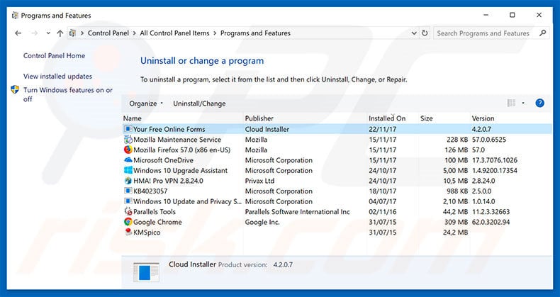 search.yourfreeonlineforms.com browser hijacker uninstall via Control Panel