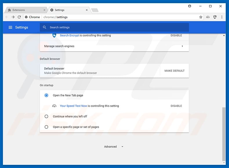 Removing search.yourspeedtestnow.com from Google Chrome homepage
