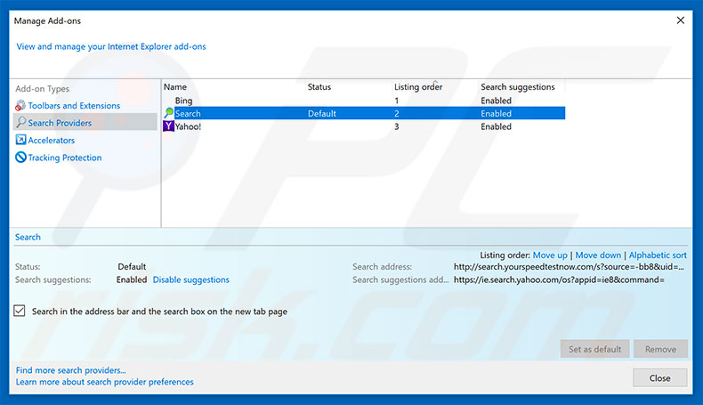 Removing search.yourspeedtestnow.com from Internet Explorer default search engine