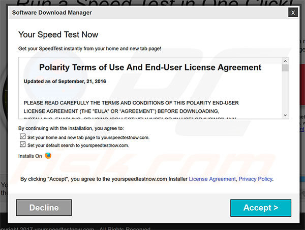 Official Your Speed Test Now browser hijacker installation setup
