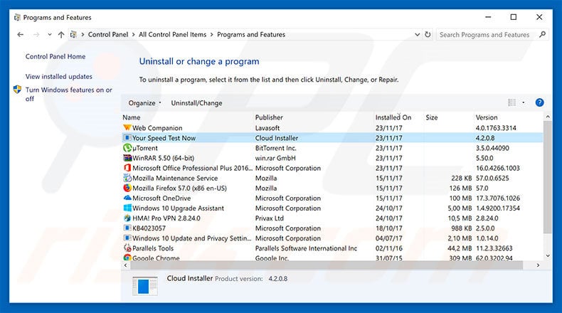 search.yourspeedtestnow.com browser hijacker uninstall via Control Panel