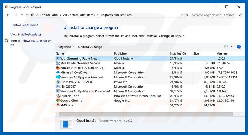 search.hyourstreamingradionow.com browser hijacker uninstall via Control Panel