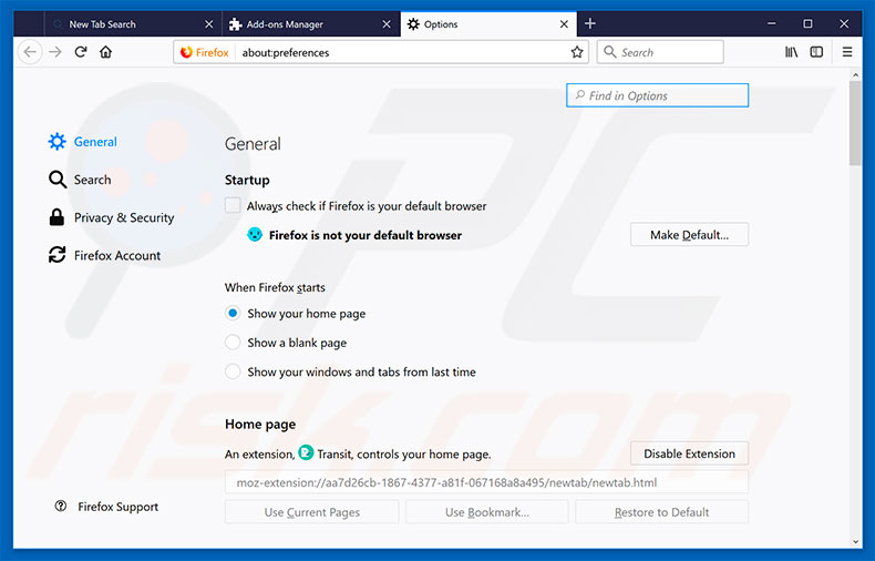 Removing search.yourtransitinfonow.com from Mozilla Firefox homepage