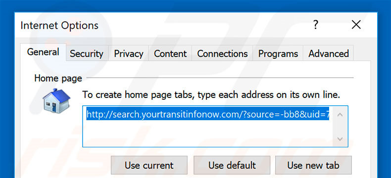 Removing search.yourtransitinfonow.com from Internet Explorer homepage