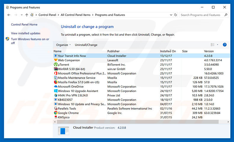 search.yourtransitinfonow.com browser hijacker uninstall via Control Panel
