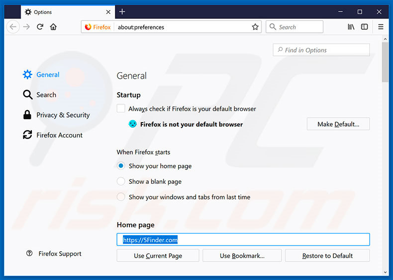 Removing 5finder.com from Mozilla Firefox homepage