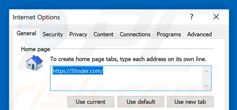 Removing 5finder.com from Internet Explorer homepage
